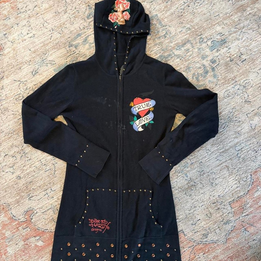Ed Hardy Vintage Studded Beaded Hoodie Dress Black True Love Rose Small